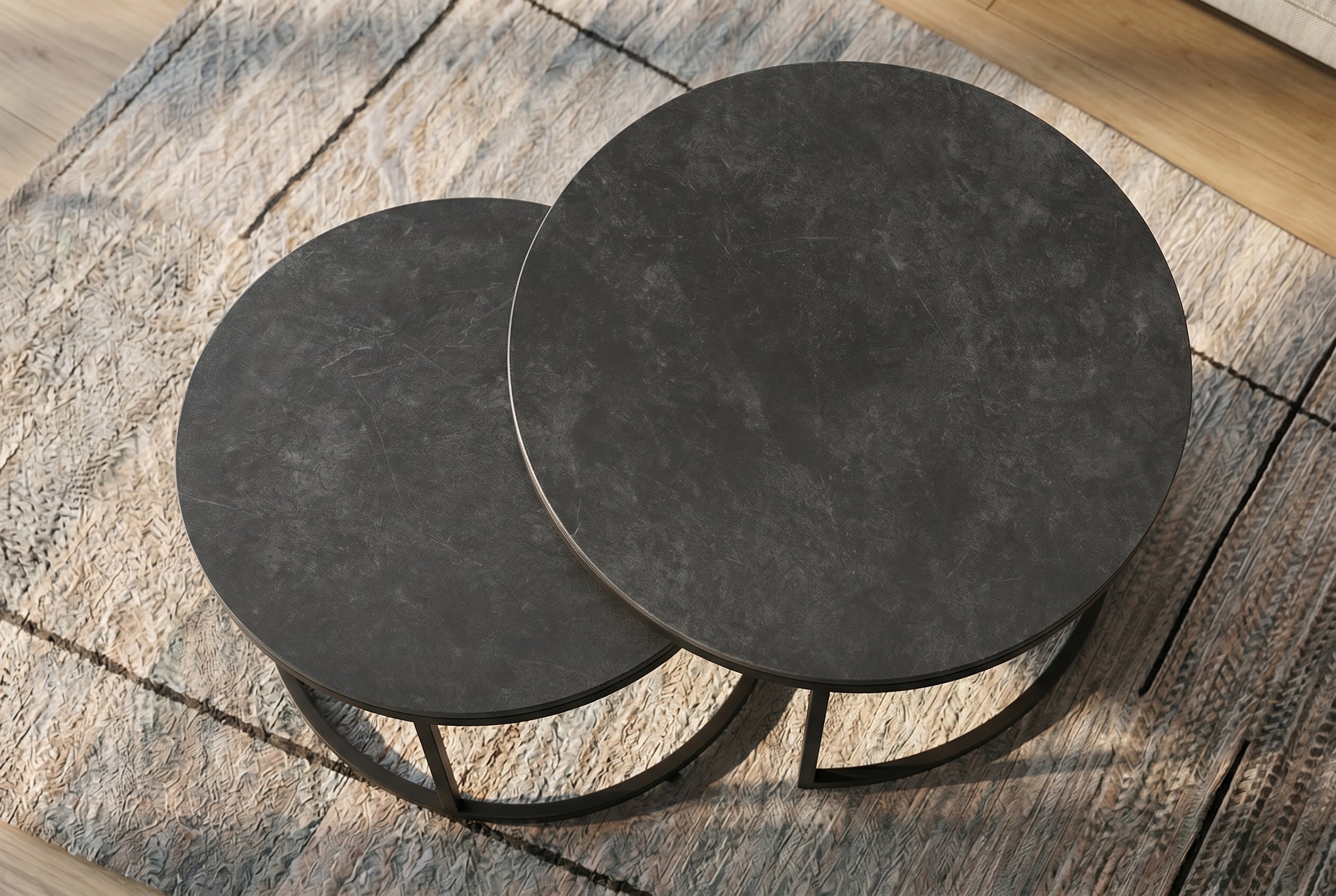 Lot de 2 tables basses rondes ELEGANCE 75cm céramique anthracite métal noir