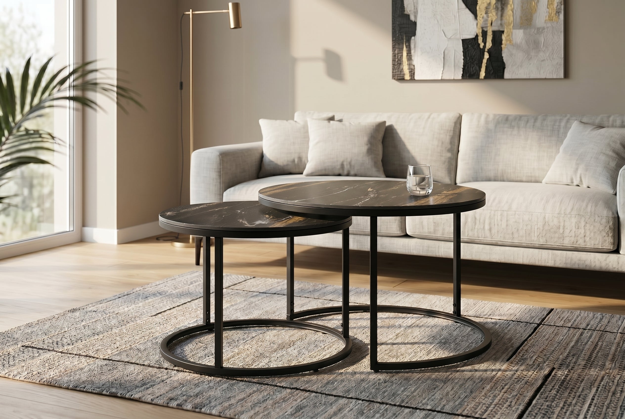 Lot de 2 tables basses rondes ELEGANCE 75cm noir doré sable Aurora Oro céramique