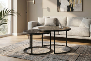 Lot de 2 tables basses rondes ELEGANCE 75cm noir doré sable Aurora Oro céramique