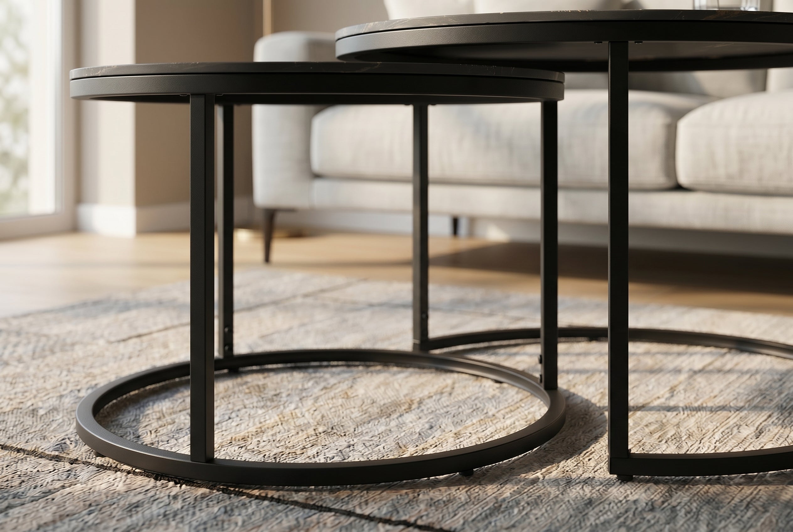 Lot de 2 tables basses rondes ELEGANCE 75cm noir doré sable Aurora Oro céramique