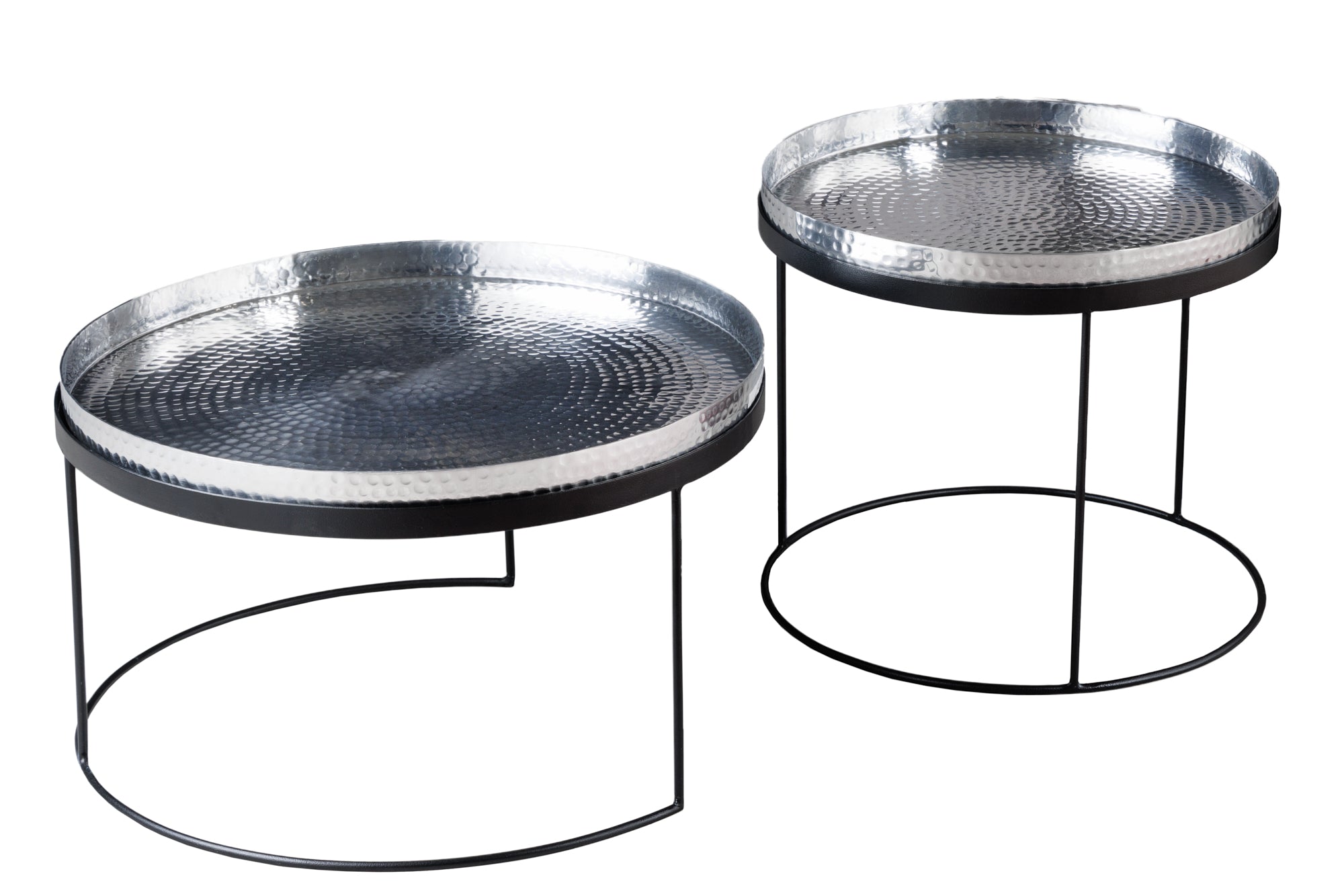Lote de 2 mesas de centro redondas ELEMENTS de 60 cm, tapa de metal plateado negro, mesa auxiliar