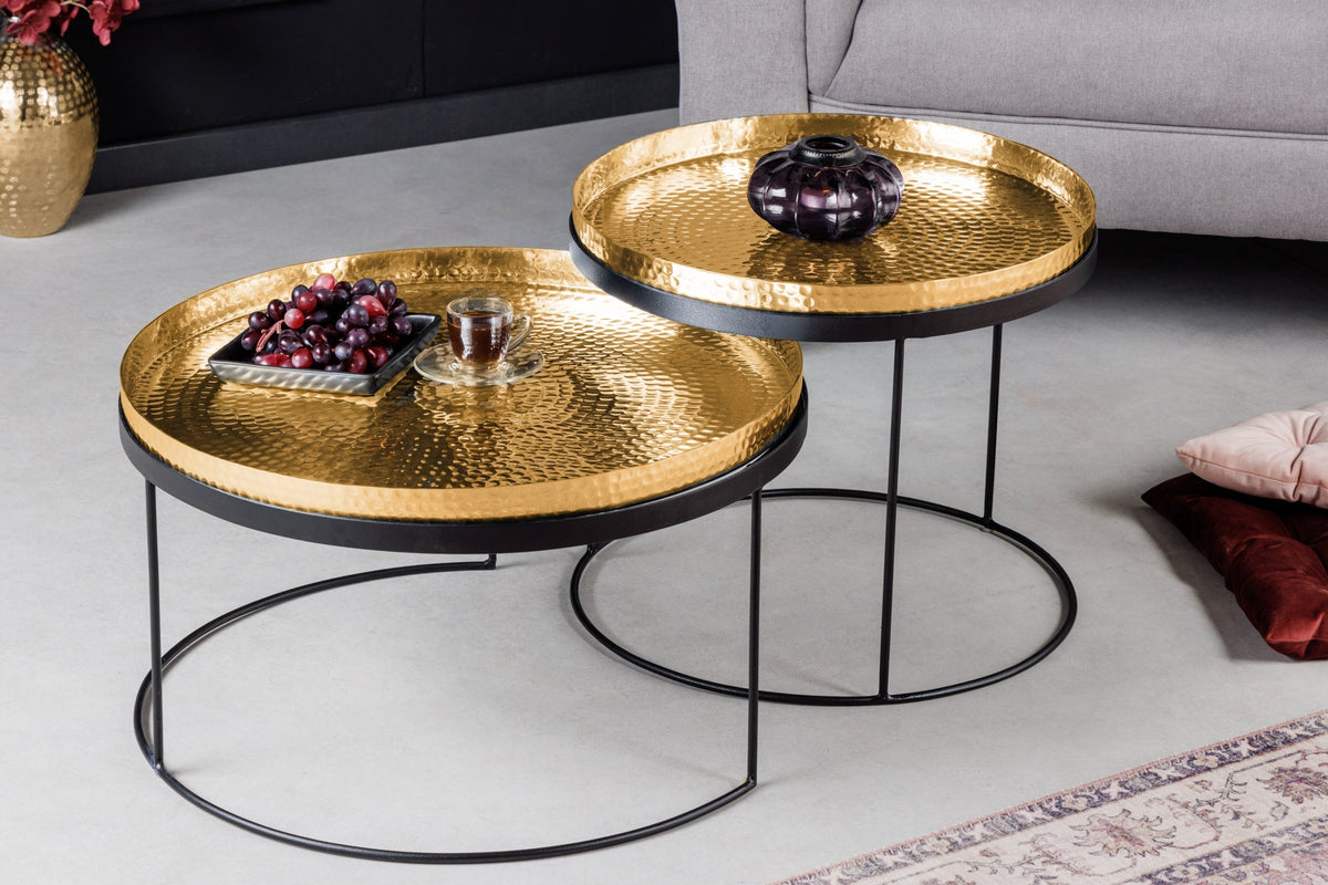 Lot de 2 tables basses rondes ELEMENTS 60cm plateau métal noir doré table d’appoint fait main