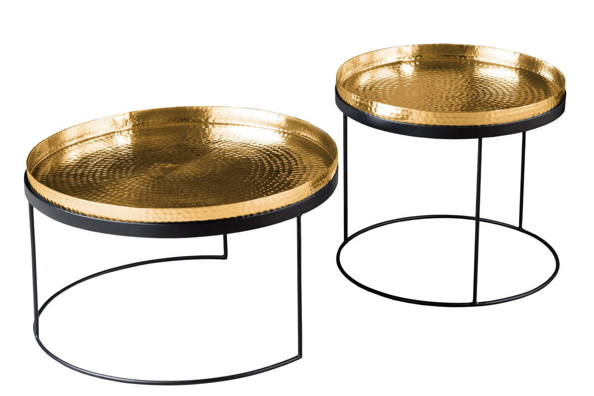 Lot de 2 tables basses rondes ELEMENTS 60cm plateau métal noir doré table d’appoint fait main