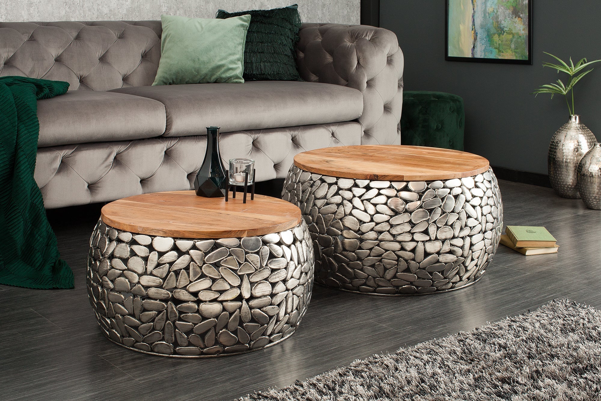 Lot de 2 tables basses rondes STONE MOSAIC 65cm bois de manguier argenté métal design mosaïque fait main