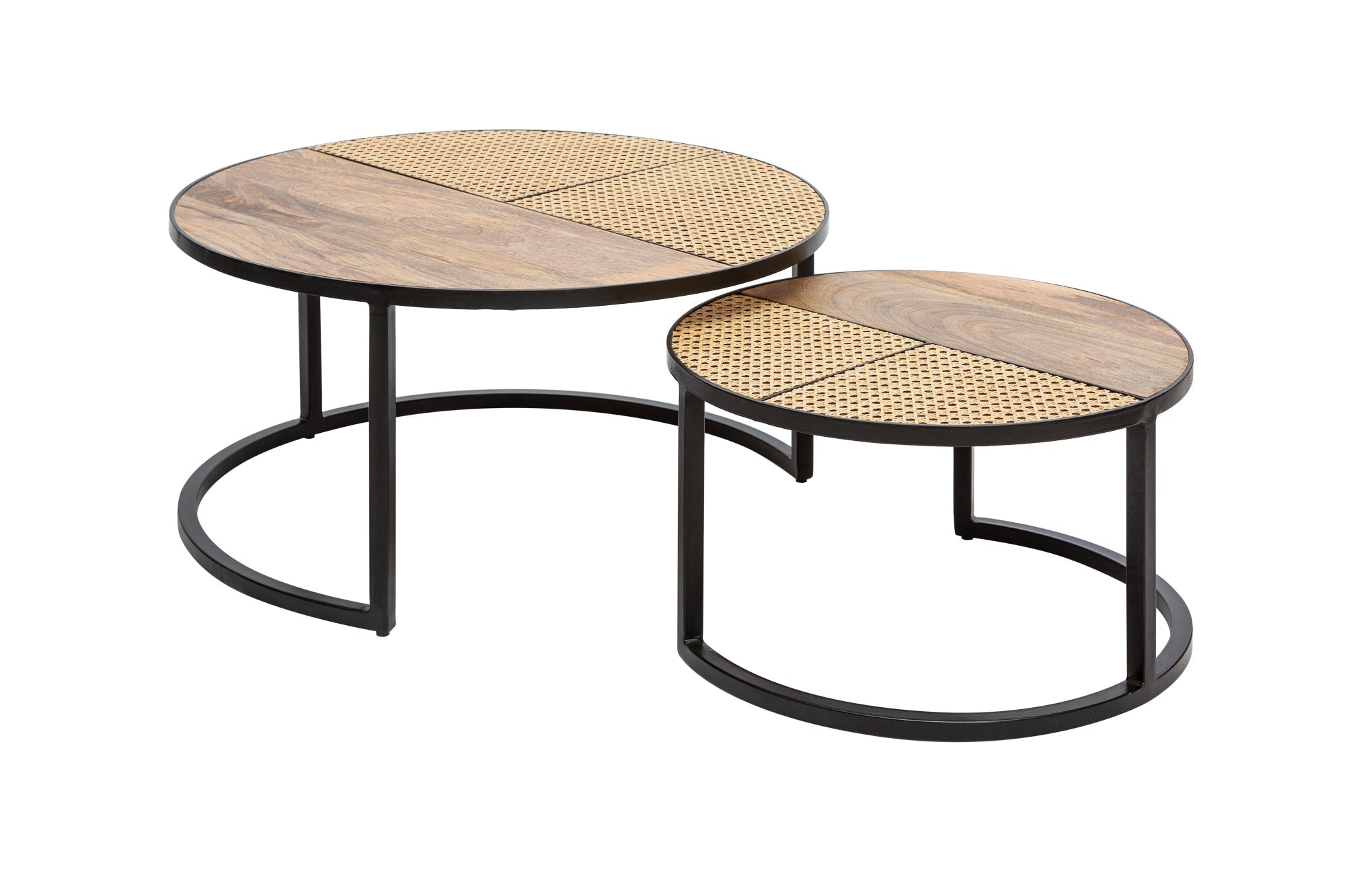 Lot de 2 tables basses VIENNA LOUNGE 70cm rondes en manguier massif tissage viennois métal noir