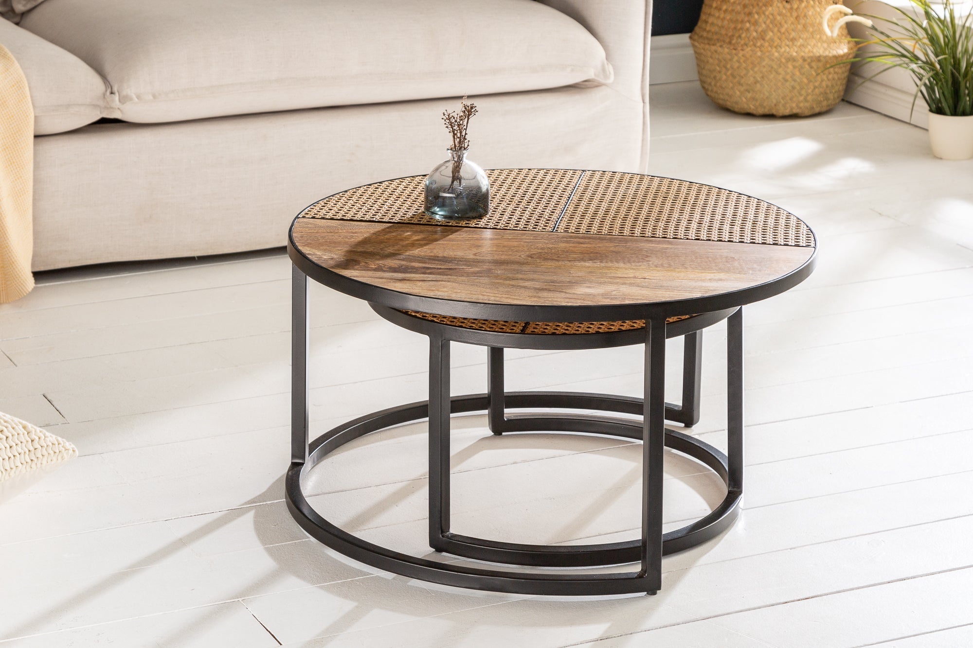 Lot de 2 tables basses VIENNA LOUNGE 70cm rondes en manguier massif tissage viennois métal noir