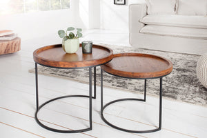 Lot de 2 tables d'appoint rondes ELEMENTS 55cm finition pierre d'acacia métal noir