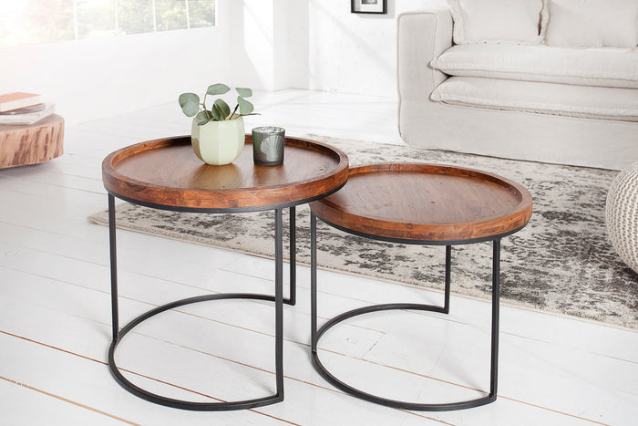 Lot de 2 tables d'appoint rondes ELEMENTS 55cm finition pierre d'acacia métal noir