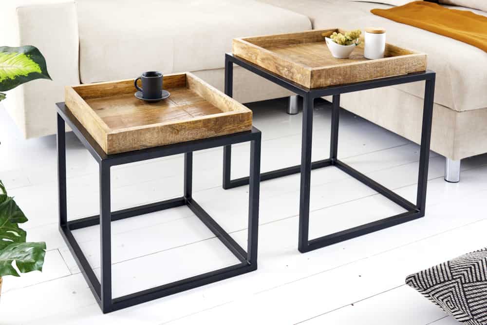 Lote de 2 mesas auxiliares SERVITEUR 50cm madera de mango natural marco de metal negro mesas de centro macizas