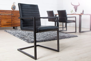 Lot de 2x Chaise cantilever industrielle LOFT simili cuir noir antique avec accoudoirs structure en fer