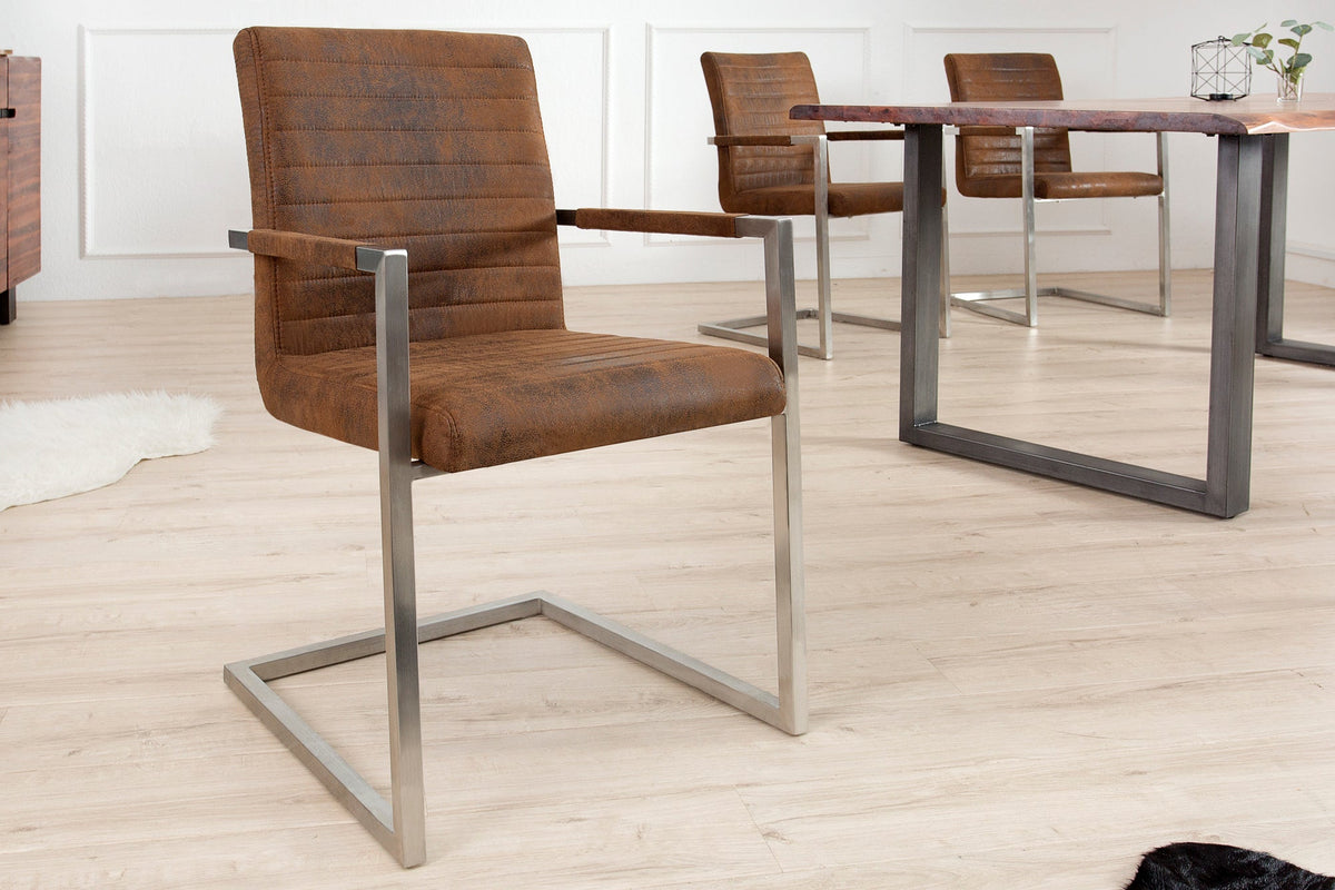 Lot de 2x Chaise cantilever industrielle LOFT vintage en microfibre marron avec accoudoir en acier inoxydable