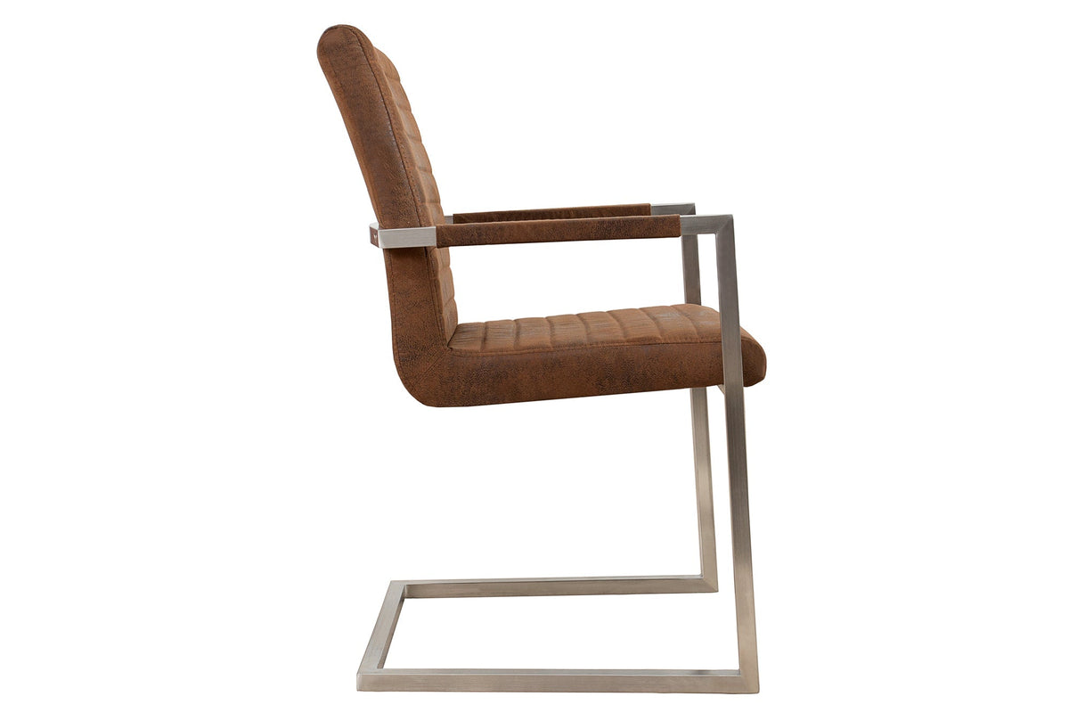 Lot de 2x Chaise cantilever industrielle LOFT vintage en microfibre marron avec accoudoir en acier inoxydable