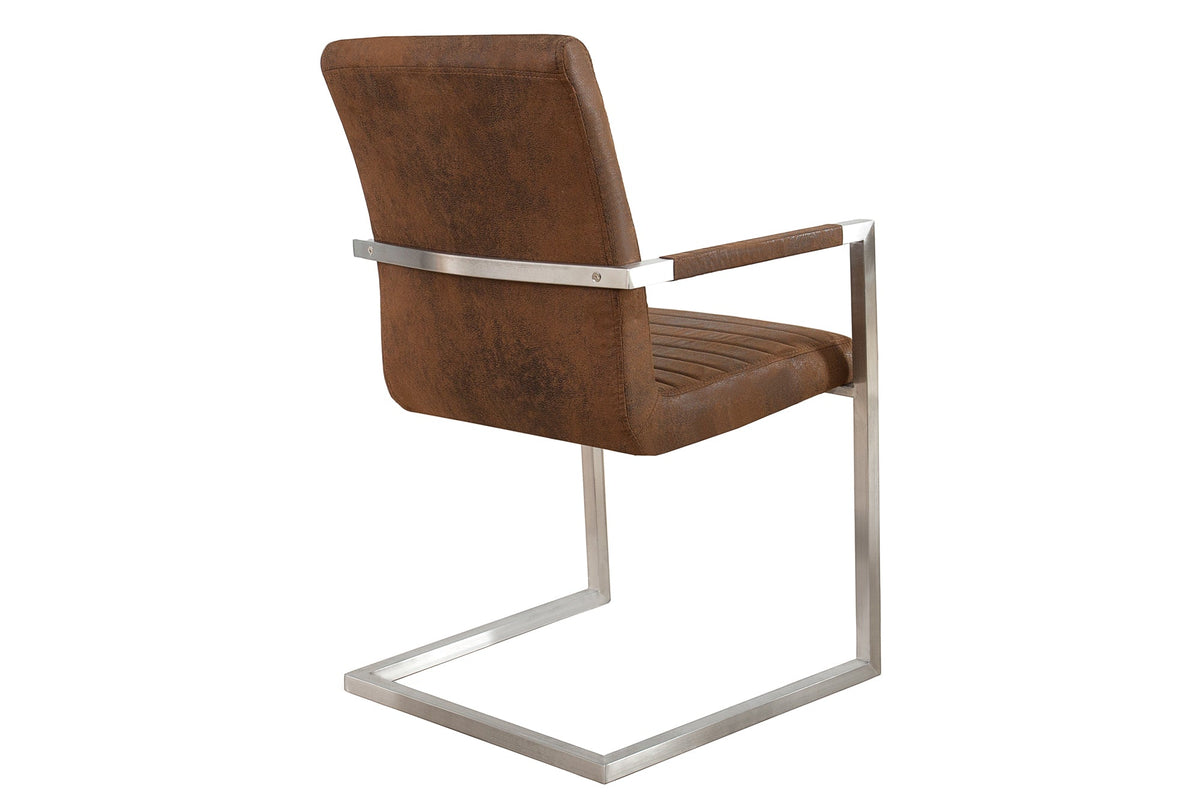 Lot de 2x Chaise cantilever industrielle LOFT vintage en microfibre marron avec accoudoir en acier inoxydable