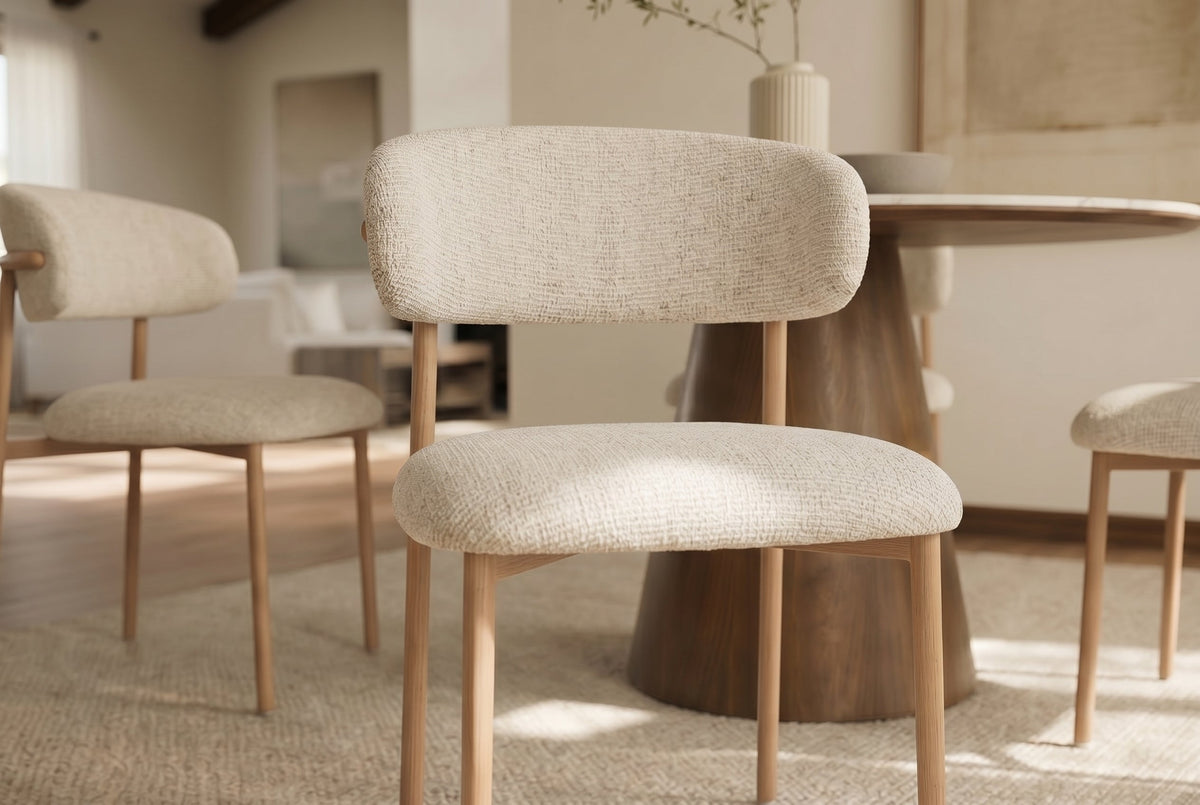 Lot de 2x Chaise design BELFORT beige tissu structuré piètement métallique chêne (réf. 48551)