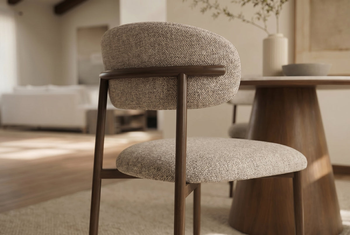 Lot de 2x Chaise design BELFORT taupe beige tissu structuré cadre métallique noyer