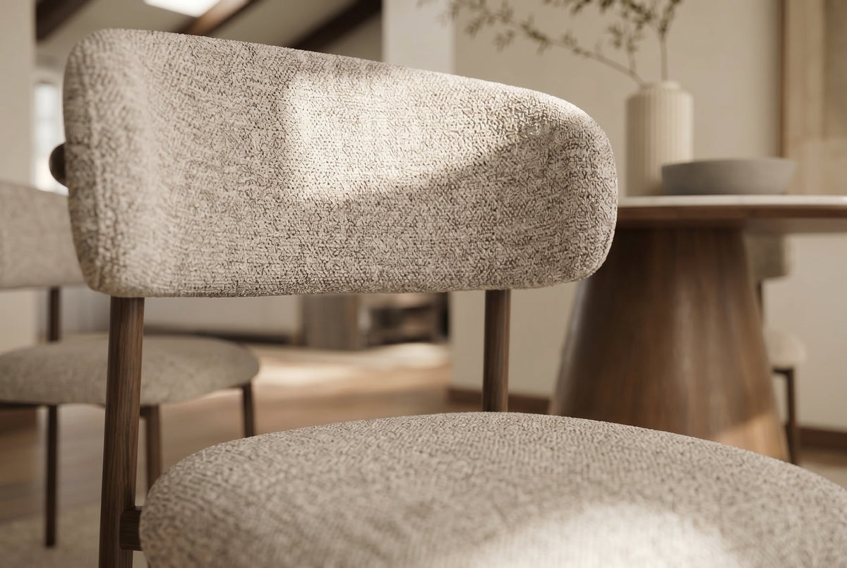 Lot de 2x Chaise design BELFORT taupe beige tissu structuré cadre métallique noyer