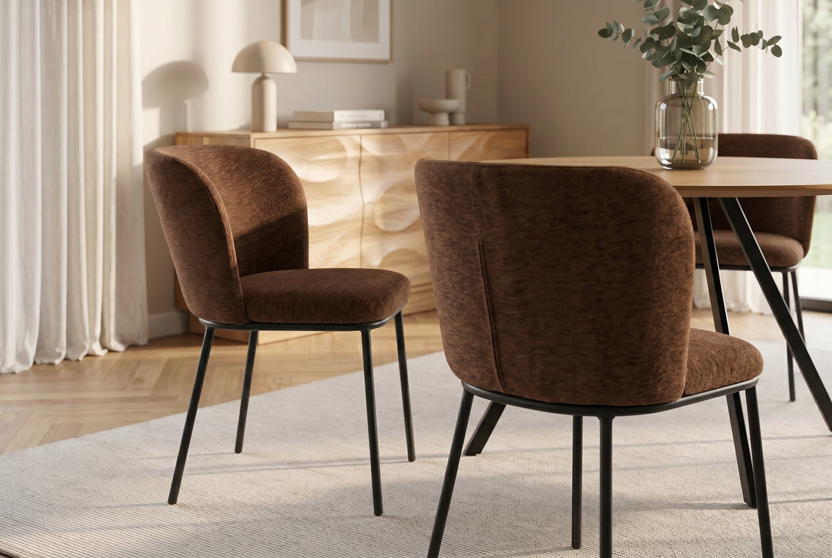 Lot de 2x Chaise design LYON brun Chenille pieds métal noir
