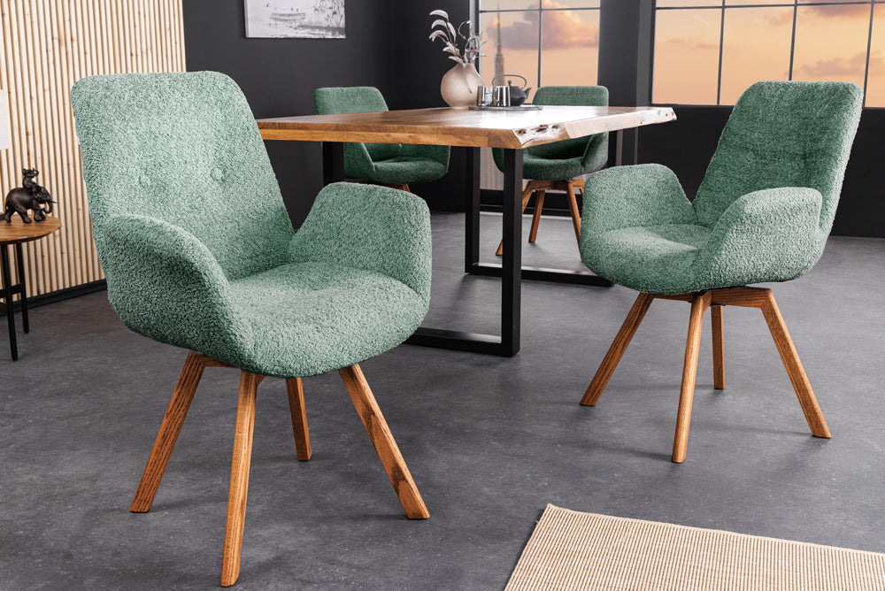 Lot de 2x Chaise design pivotante BALTIC menthe Bouclé naturel Pieds en chêne massif avec accoudoirs