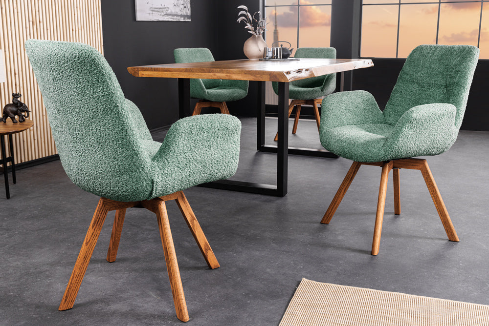 Lot de 2x Chaise design pivotante BALTIC menthe Bouclé naturel Pieds en chêne massif avec accoudoirs