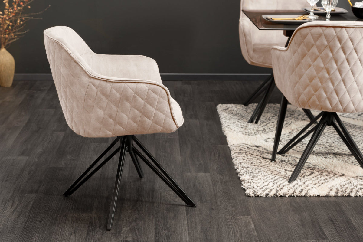 Lot de 2x Chaise design pivotante EUPHORIA champagne grège velours avec accoudoir piétement métal noir
