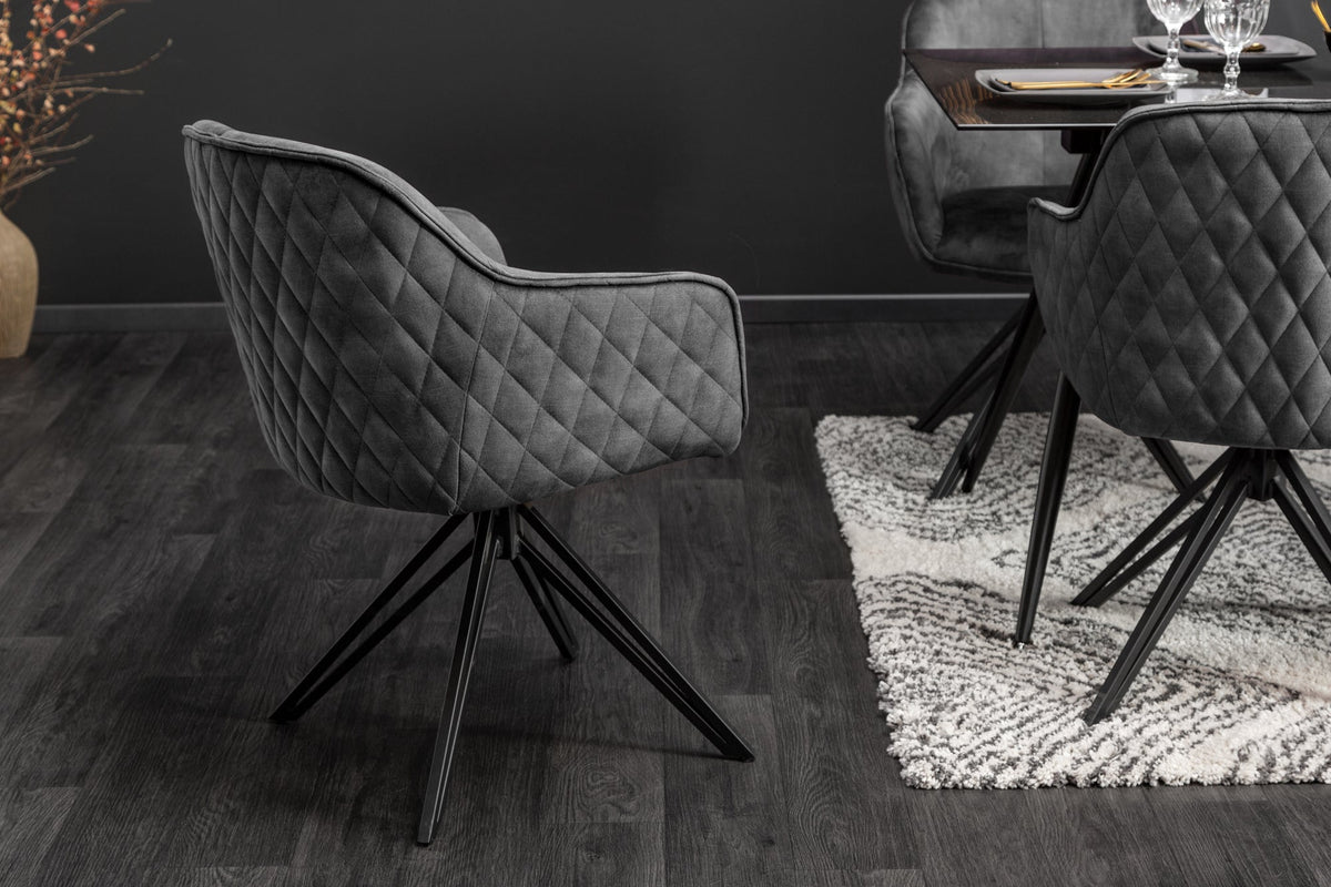 Lot de 2x Chaise design pivotante EUPHORIA velours gris foncé avec accoudoir piètement métal noir (réf. 40263)