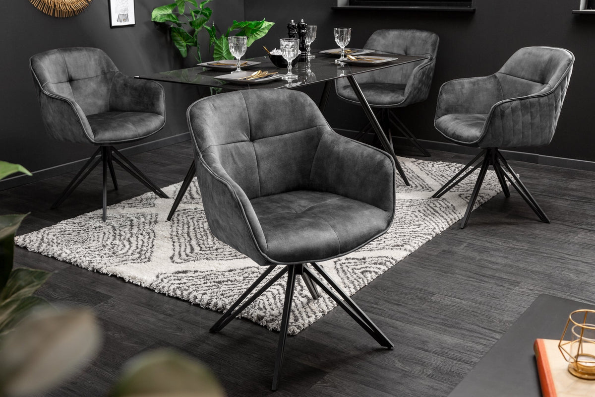 Lot de 2x Chaise design pivotante EUPHORIA velours gris foncé avec accoudoir piètement métal noir (réf. 40263)