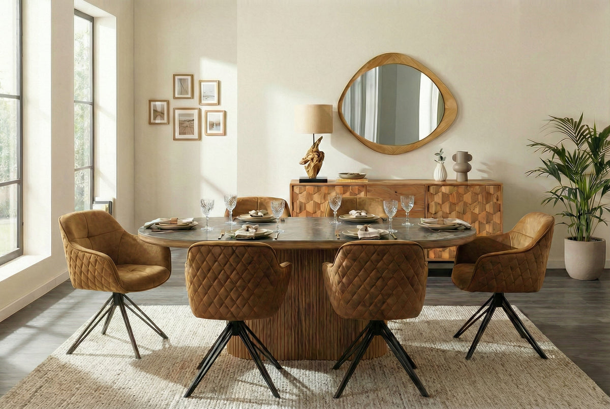Lot de 2x Chaise design pivotante EUPHORIA velours jaune moutarde avec accoudoir piètement métallique noir