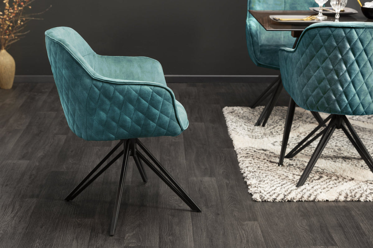 Lot de 2x Chaise design pivotante EUPHORIA velours pétrole avec accoudoir piètement métal noir