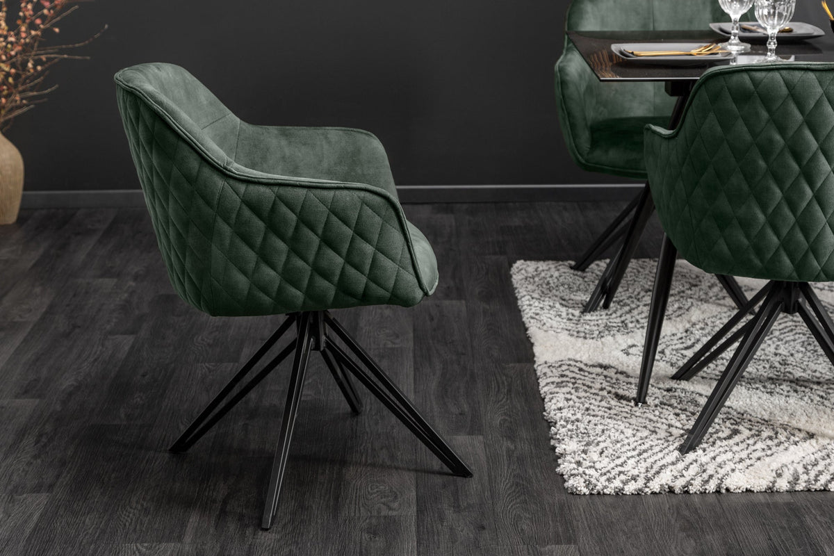 Lot de 2x Chaise design pivotante EUPHORIA velours vert foncé avec accoudoir, piètement métallique noir (réf. 40261)