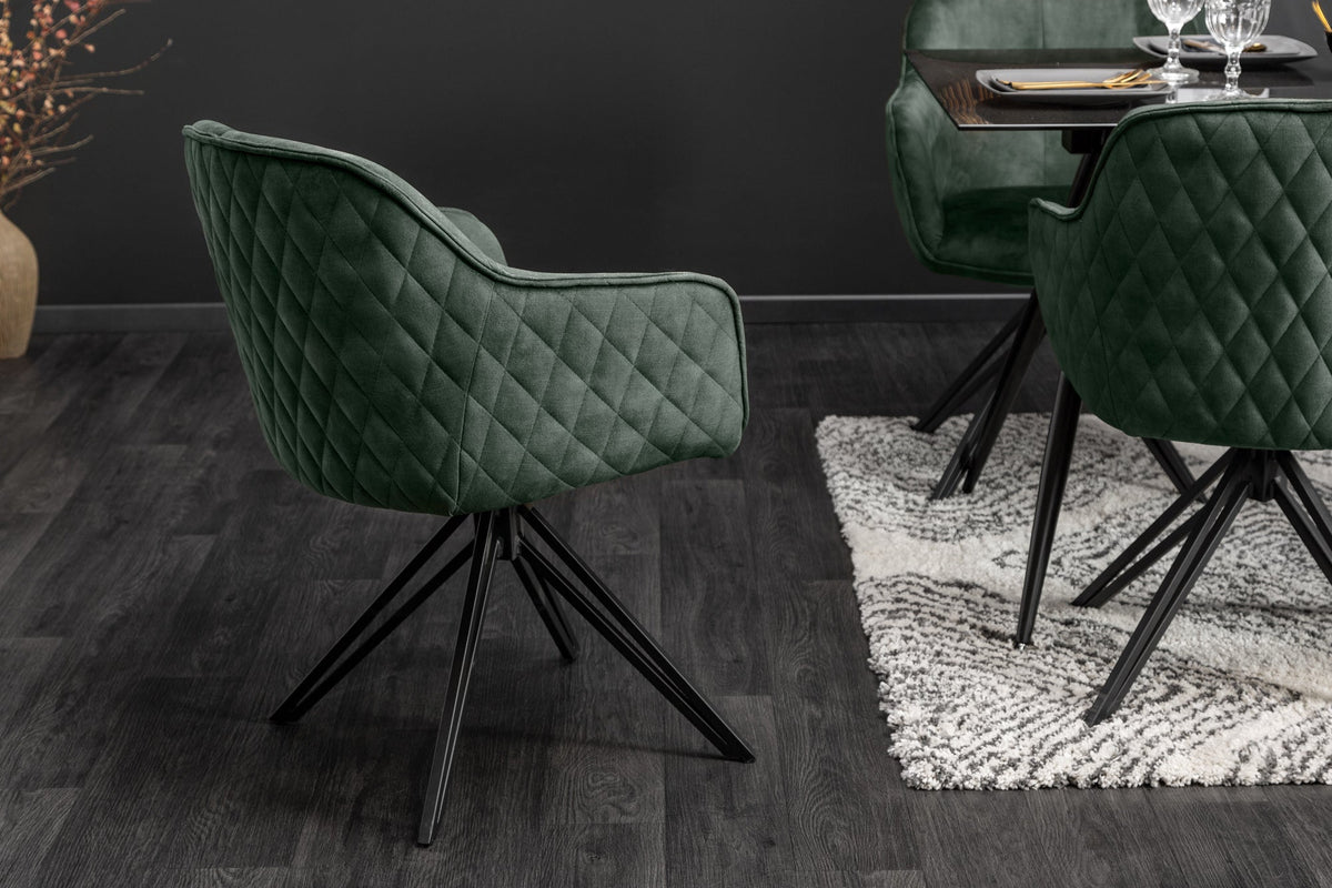 Lot de 2x Chaise design pivotante EUPHORIA velours vert foncé avec accoudoir, piètement métallique noir (réf. 40261)
