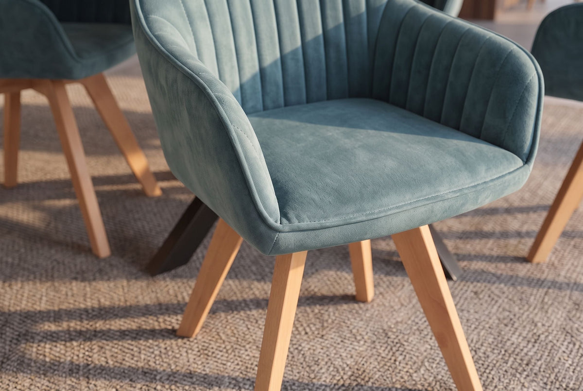 Lot de 2x Chaise design pivotante LIVORNO bleu pétrole velours pieds en hêtre avec accoudoirs