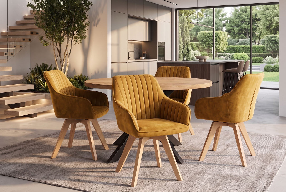 Lot de 2x Chaise design pivotante LIVORNO jaune moutarde velours pieds en bois de hêtre avec accoudoirs