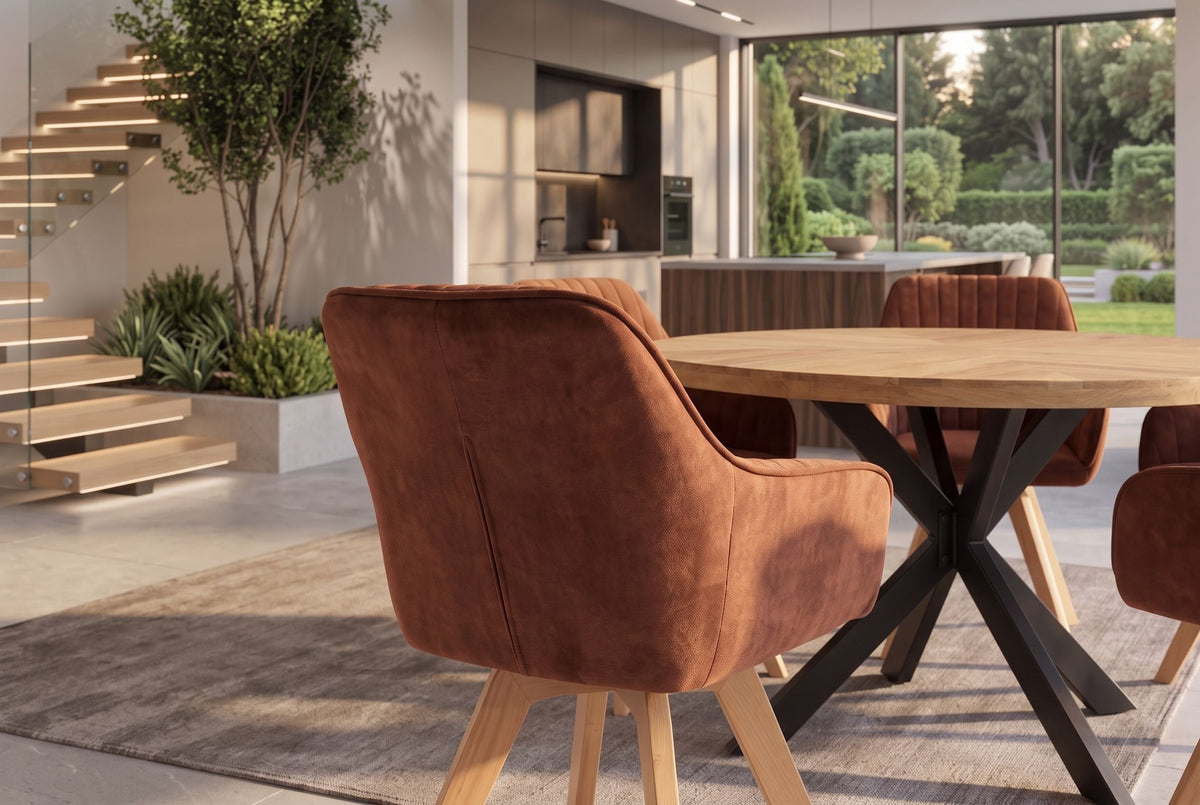 Lot de 2x Chaise design pivotante LIVORNO velours brun rouille pieds en bois de hêtre avec accoudoirs