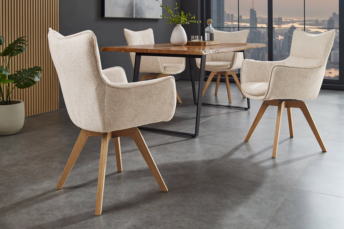Lot de 2x Chaise design pivotante VOGUE beige naturel tissu structuré bois de chêne 360° avec accoudoir