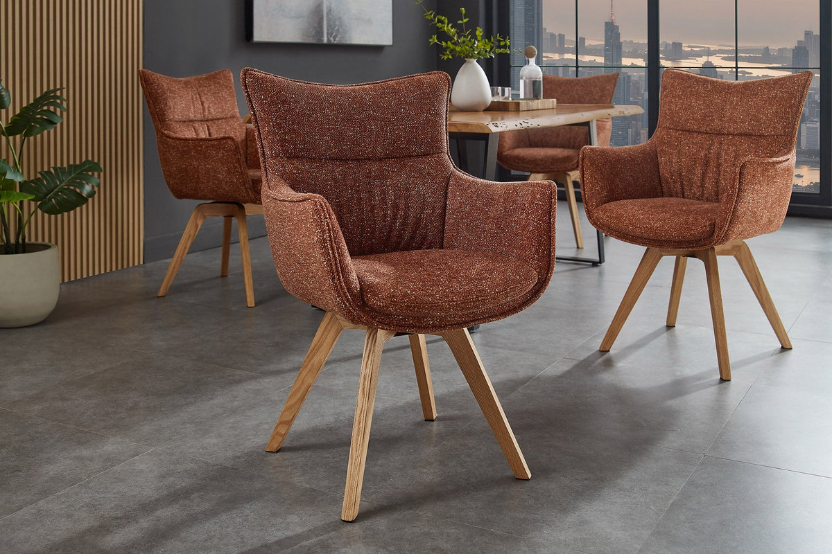 Lot de 2x Chaise design pivotante VOGUE brun rouille naturel tissu structuré chêne 360° avec accoudoir