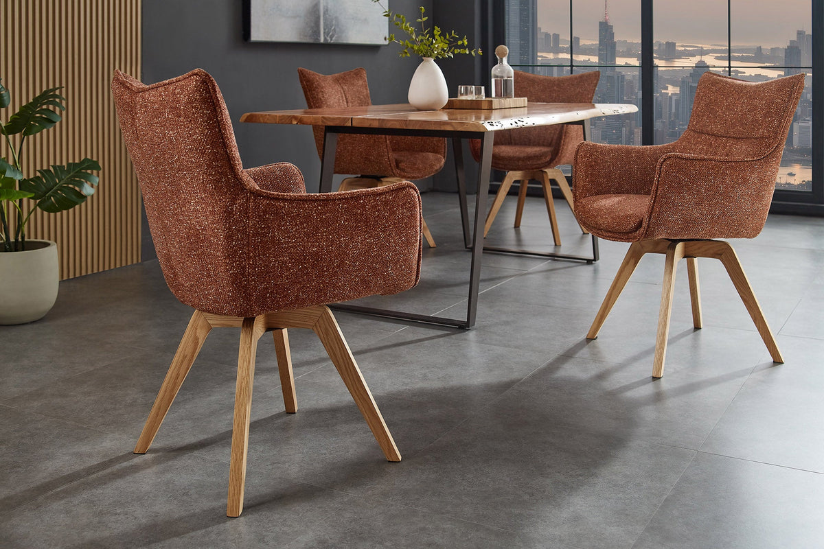 Lot de 2x Chaise design pivotante VOGUE brun rouille naturel tissu structuré chêne 360° avec accoudoir