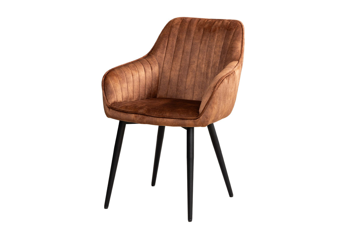 Lot de 2x Chaise design TURIN rouille brun velours avec surpiqûre décorative et accoudoir métal noir