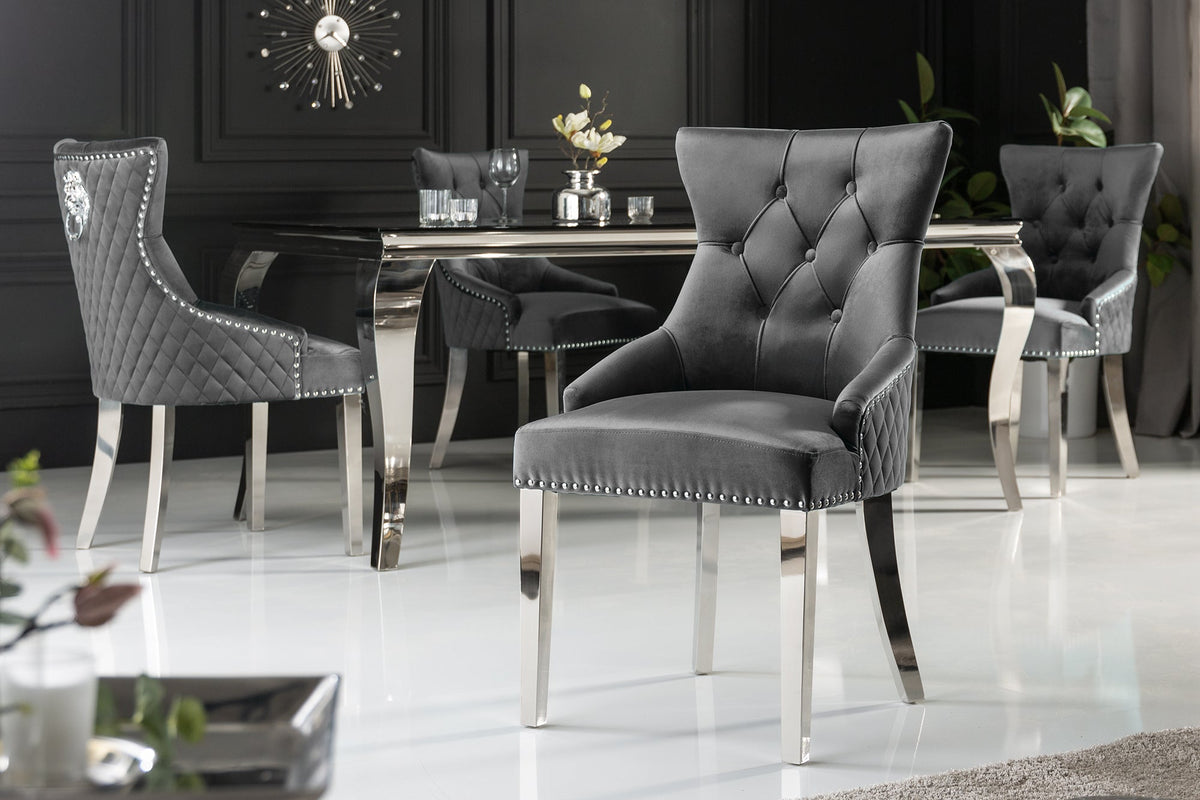 Lot de 2x Chaise élégante CASTLE DELUXE gris velours tête de lion Chesterfield Design chaise de salle à manger clous