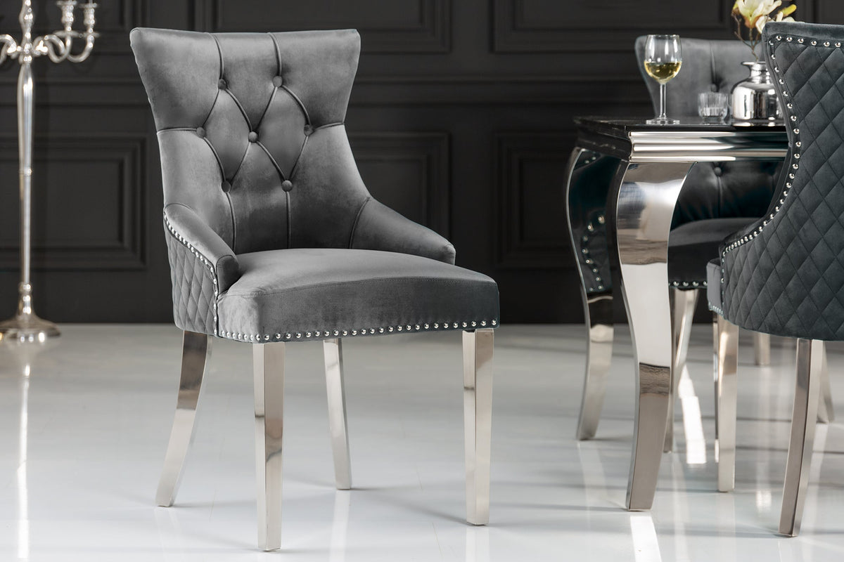 Lot de 2x Chaise élégante CASTLE DELUXE gris velours tête de lion Chesterfield Design chaise de salle à manger clous