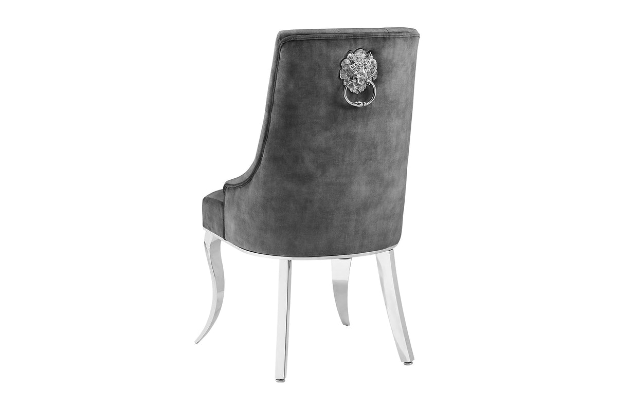 Lot de 2x Chaise MODERN BAROCK DELUXE gris velours argent pieds en acier inoxydable avec tête de lion