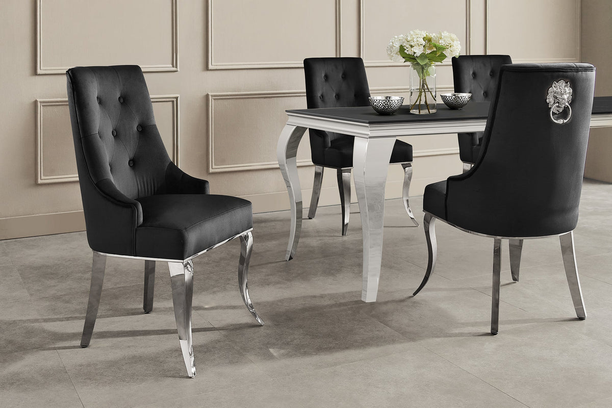 Lot de 2x Chaise MODERN BAROCK DELUXE noir velours argenté pieds en acier inoxydable avec tête de lion