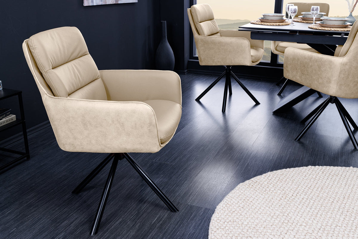Lot de 2x Chaise pivotante BIG GEORGE beige cuir véritable et microfibre avec accoudoir pieds en métal noir