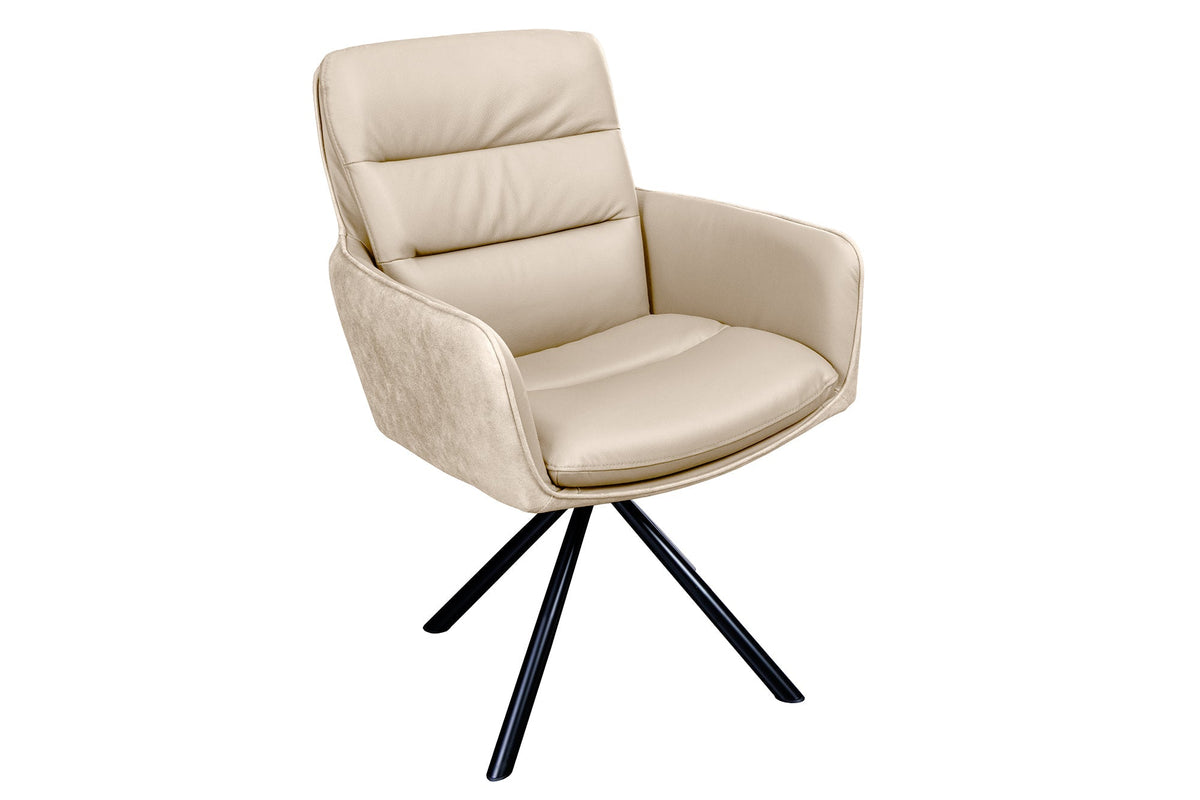 Lot de 2x Chaise pivotante BIG GEORGE beige cuir véritable et microfibre avec accoudoir pieds en métal noir