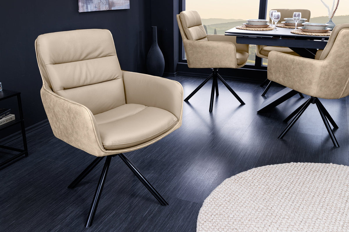 Lot de 2x Chaise pivotante BIG GEORGE beige cuir véritable et microfibre avec accoudoir pieds en métal noir