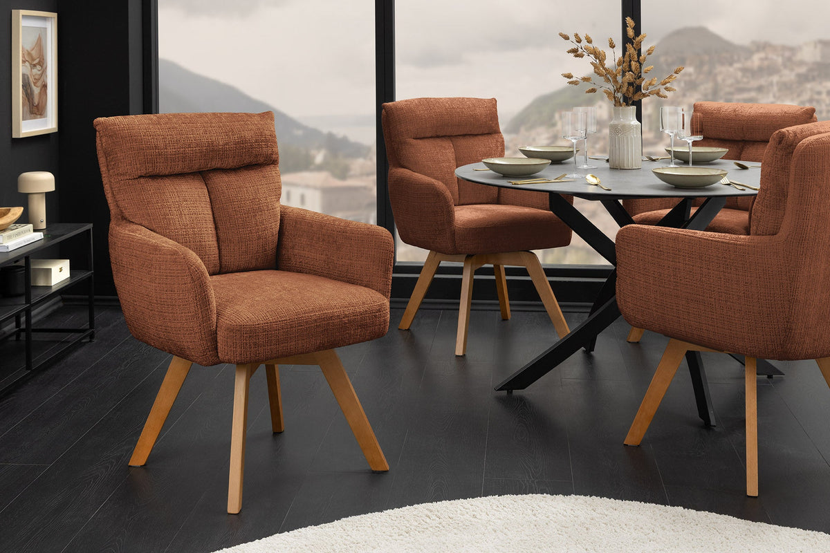 Lot de 2x Chaise pivotante BIG GEORGE brun rouille Chenille Cremona naturel bois de hêtre avec accoudoirs