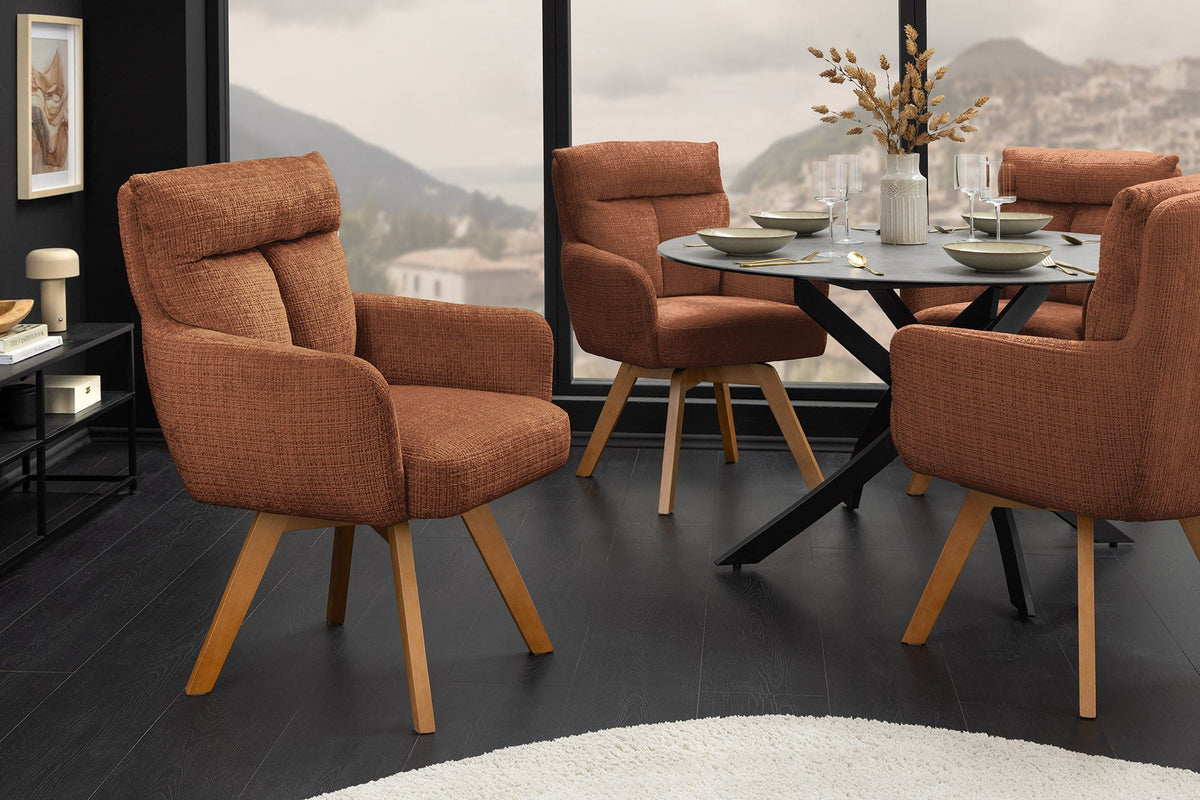 Lot de 2x Chaise pivotante BIG GEORGE brun rouille Chenille Cremona naturel bois de hêtre avec accoudoirs