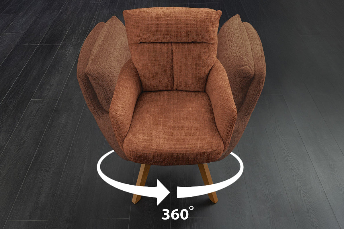 Lot de 2x Chaise pivotante BIG GEORGE brun rouille Chenille Cremona naturel bois de hêtre avec accoudoirs