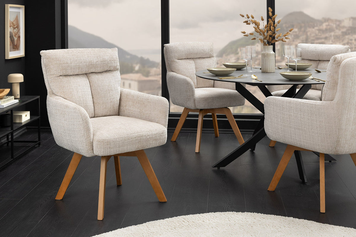 Lot de 2x Chaise pivotante BIG GEORGE champagne Chenille Cremona naturel bois de hêtre avec accoudoirs