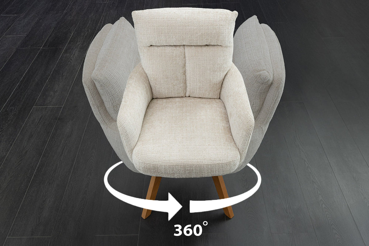 Lot de 2x Chaise pivotante BIG GEORGE champagne Chenille Cremona naturel bois de hêtre avec accoudoirs