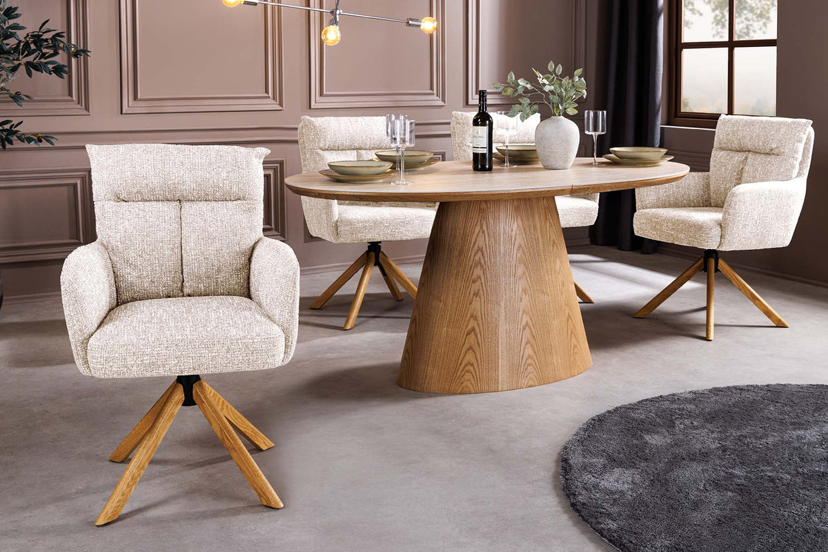 Lot de 2x Chaise pivotante BIG GEORGE champagne grège tissu structuré bois de chêne avec accoudoir